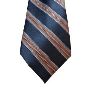 RBM Collection Mens Silk Necktie Navy Blue Orange Grey Diagonal Striped Tie